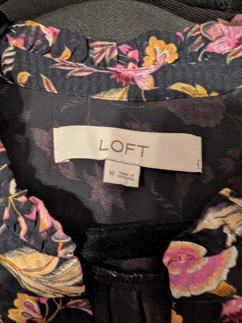 LOFT Black Floral Split-Neck Long Sleeve Blouse - Pink & Cream Roses - Picture 3 of 3